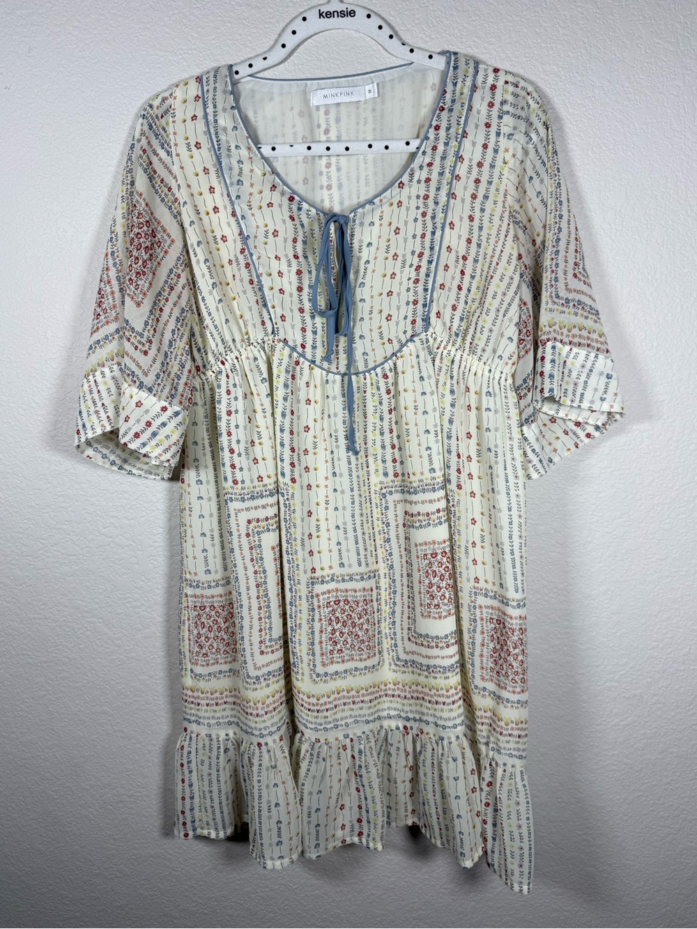 MINKPINK Cream Boho Mini Dress with Blue Tie and Multicolor Print. Love this 🧡